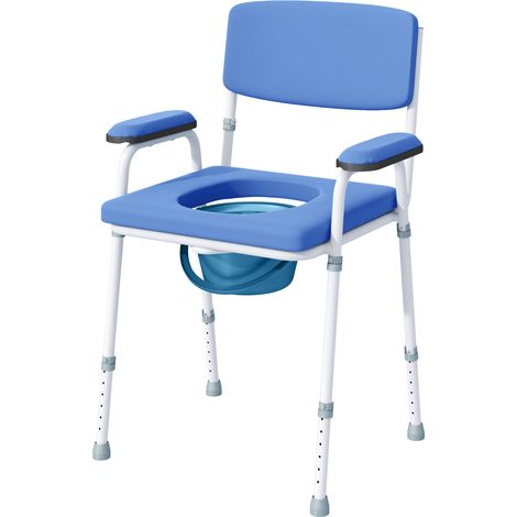 Chaise percée toilette multifonctions seau amovible hauteur réglable avec dossier siège et accoudoirs rembourrés bleu