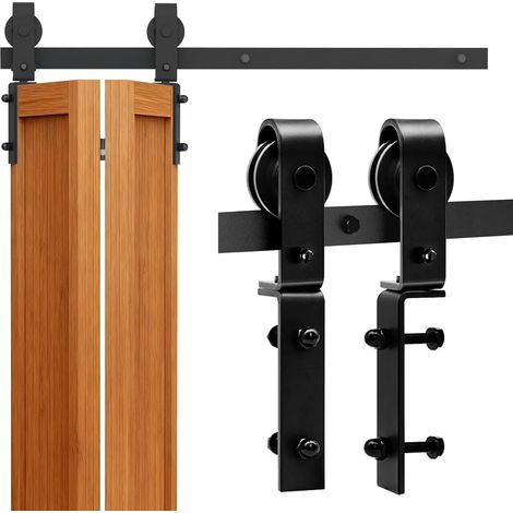 Kit complet de ferrures pour porte coulissante - 100 cm - Noir - Pour 2 portes - Peu encombrant - Rail de porte coulissante robuste (1/5)