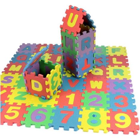 Rutschfeste Spielmatte für Kinder – 36 Teile à 12 x 12 cm – Mehrfarbiger Schaumstoff – Zum Erlernen von Buchstaben und Zahlen – (1/5)