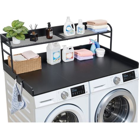 Comptoir pour Lave Linge et Sèche Linge avec Étagère, Plan de Travail pour Machine à Laver 137x69,9 cm, pour Rangement Aménagement Buanderie, Plateau en Bois avec Rebord et 2 Crochets, Noir (1/5)