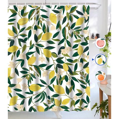 Duschvorhang aus wasserdichtem Stoff im Zitronen-Design, 180 x 180 cm mit 12