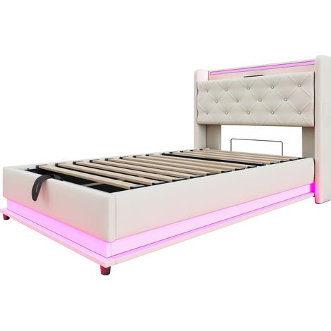Gepolstertes Kinderbett 90x200 cm mit LED, USB-C und hydraulischem Stauraum, Beige HOMVRA (1/5)