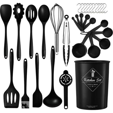 Silicone Kitchen Utensil Set, Kitchen Utensil Set with Stainless Steel Handle Heat Resistant Nonstick Kitchen Utensil Holder Dishwasher Safe (Black) (1/4)