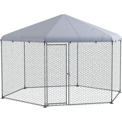 Poulailler 400 x 346 x 263 cm, enclos en acier, cage avec couvercle et porte, pour 10 à 15 poules, petits animaux, gris