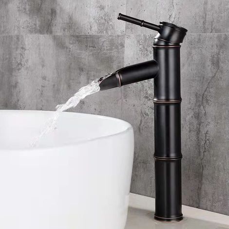 QAZQA Robinet de Lavabo Salle Cascade, Mitigeur lavabo Laiton, Robinet Salle Bain Lavabo, Levier unique Laiton antique Bambou de salle de bain Lavabo Robinet mélangeur de lavabo（noir）