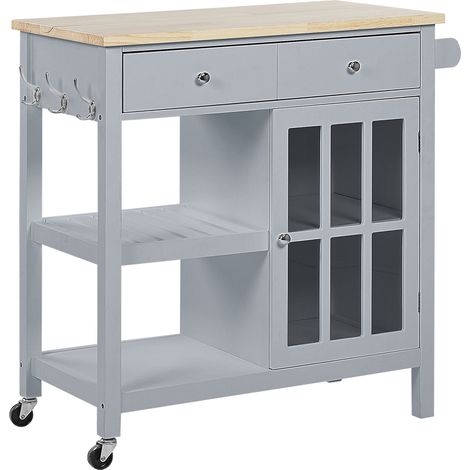 Carrito de cocina MDF gris madera clara almacenamiento superior estantes cajones con ruedas estilo escandinavo Genoa
