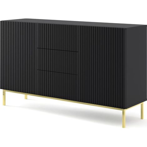 Commode de rangement Meuble universel Noir Mat 150x42x89 RAVI B FILET 2D3S Pied Cadré or