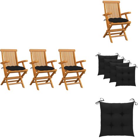 Chaises de jardin avec coussins noir lot de 3 Bois teck massif - Chaise De Jardin - Mobilier De Jardin - Fauteuil De Jardin - Terrasse - Jardin (1/5)