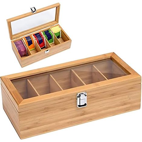 Boîte à thé en bambou - Cinq compartiments - Couvercle en verre acrylique - Convient aux sachets de thé et capsules de café - 30 x 12 x 10 cm - Sachets de thé non inclus