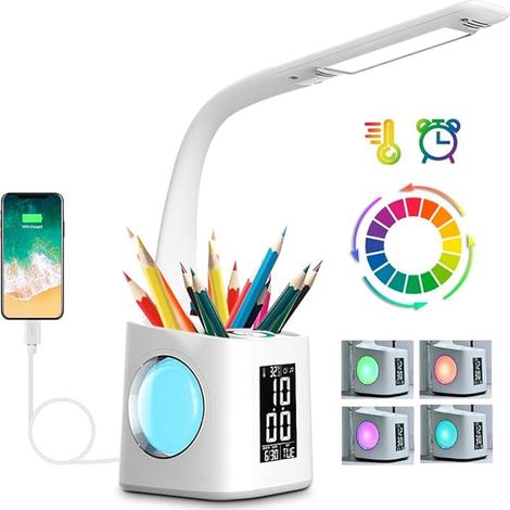 Schreibtischlampe Kinder LED,Tischlampe Dimmbar mit Uhr, Nachttischlampe Tischleuchte mit 256 RGB Nachtlicht/Stifthalter/USB-Anschluss/3 Helligkeitsstufen/Wecker/Weib.[Energieklasse G]