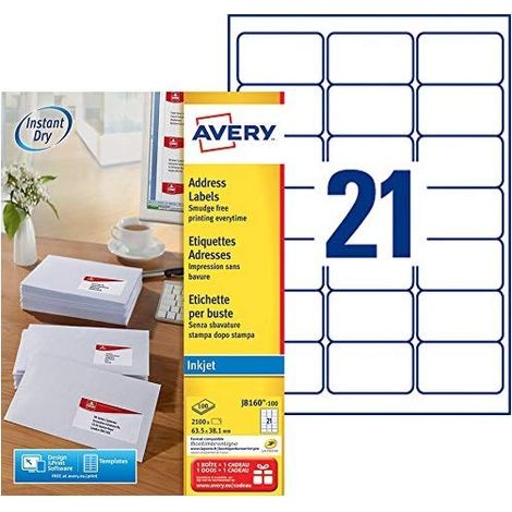 Etichetta a getto d'inchiostro Avery 63.5x38.1mm bianco 100 foglio 21 etichette per foglio