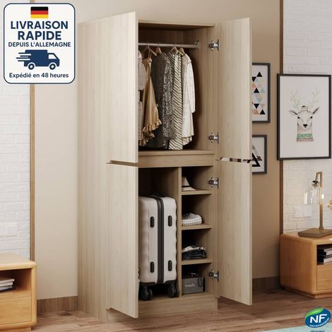 MODFU - Armoire en bois 4 portes, armoire de chambre avec compartiments de rangement, 1 tringle à vêtements, 70×40×170 cm, naturel (1/5)