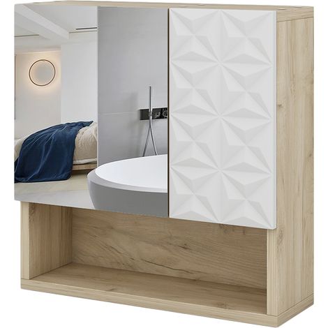 Specchio contenitore bagno Edge, Bianco, 54 x 55 cm con anta e vani a giorno, Vicco (1/5)