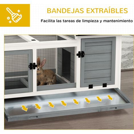 Cage à lapin à roulettes. toit à charnières et bac amovible pour une utilisation intérieure et extérieure. 108 x 58 x 73.5 cm. grise (1/5)