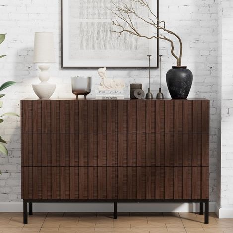 UEV Commode à 6 tiroirs 100cm, Commode Étroite, Grand Espace de Rangement, Armoire avec Plafond Spacieux, pour Salon, Chambre à Coucher, Pieds Métal, Motif Bois, 100 cm x 34,5 x 73,4 cm, Brun (1/5)