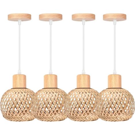 4pcs Rétro Suspension Luminaire en Bambou et Bois Vintage Lampe 13cm Mini Abat-jour à Boule Rotin Vintage Lustre Style Bohème (1/3)