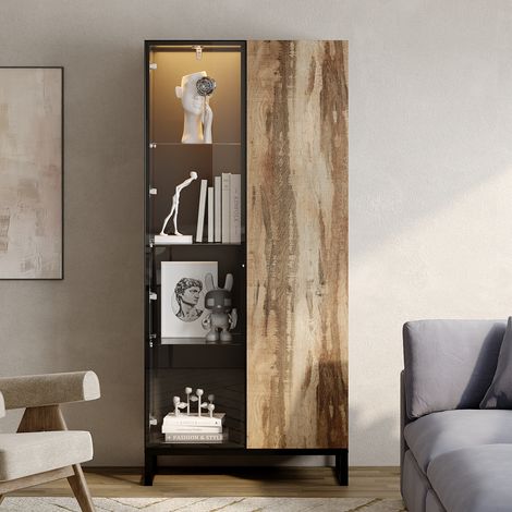 Vitrine en verre avec éclairage circulaire, noir et aspect bois, MDF+verre, 80×41×175 cm (1/5)