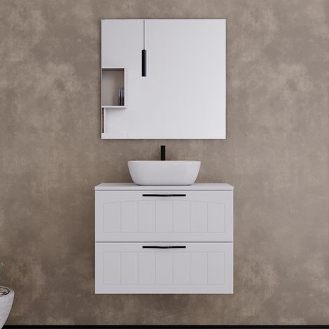 Meuble de salle de bain 60cm avec plateau et vasque à poser ovale - 2 tiroirs - blanc - PIA (1/5)