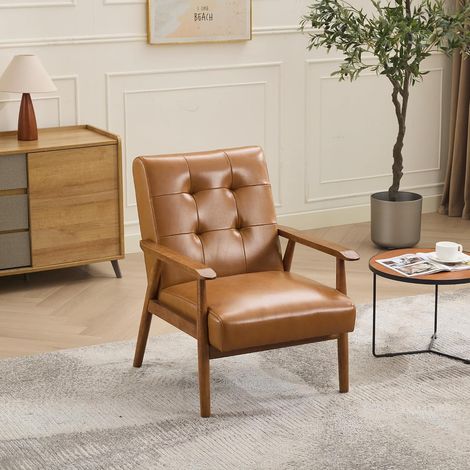 Fauteuil d'appoint en Cuir Véritable, Cadre en Bois d'Hévéa Massif,Chaise Lounge Moderne,Idéal pour Salon, Réception, Chambre & Balcon (1/5)