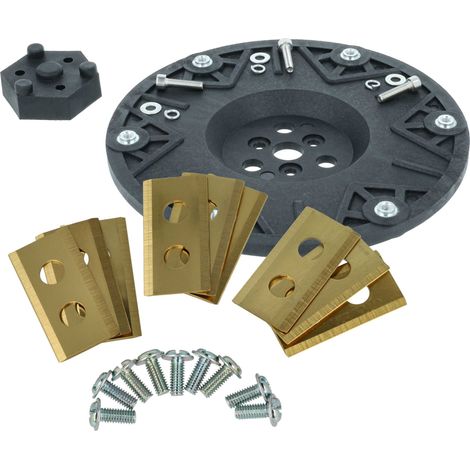 vhbw Zubehör-Set kompatibel mit Einhell Freelexo+, Freelexo Kit 600 Rasenmäher - 1x Messerteller, 9x Messerklingen + Schrauben, Gold Schwarz (1/4)