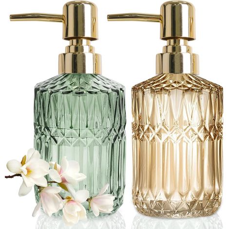 Lot de 2 Distributeur Savon Verre 390ml Pompe Dorée Verte Salle de Bain Cuisine