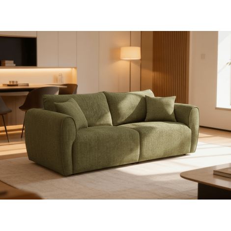Deco In Paris – Canapé droit 3 places en velours texturé vert olive – Assise généreuse – Livré avec 2 coussins assortis – Pour intérieur moderne ou classique