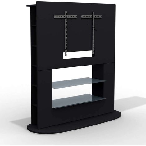 Mesa TV mural NAIRE de 135x51x142 cm con estantes en cristal templado negro brillo (1/2)