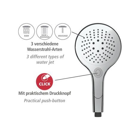 WENKO Pommeau de douche Basic, Pommeau de douche 5 jets, pommeau de douche universel avec embout standard 1/2", nettoyage facile du calcaire, Plastique chromé de haute qualité, ø12 cm, brillant (1/5)