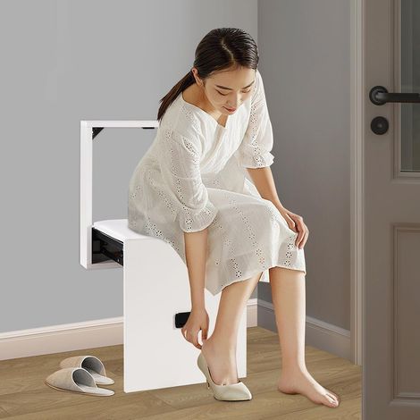 Tabouret mural pliable - Chaise pliante ultra fine - Convient pour foyer, véranda, garde-robe, balcon, salle de bain (blanc) (1/5)