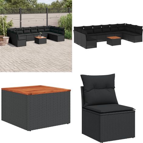 Set de sofás de jardín 11 pzas y cojines ratán sintético negro - Cojines de jardín - Ratán sintético
