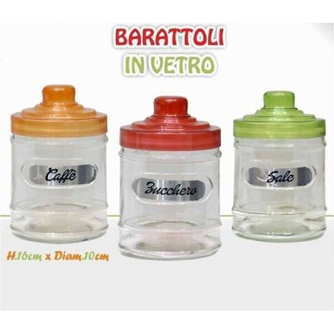 TrAdE Shop Traesio - Tris Barattoli 3 Contenitori Caffè Zucchero Sale Vetro Tappo Colorato -
