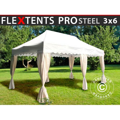 Pop up gazebo FleXtents PRO Steel "Wave" 3x6 m White, incl. 6 decorative curtains