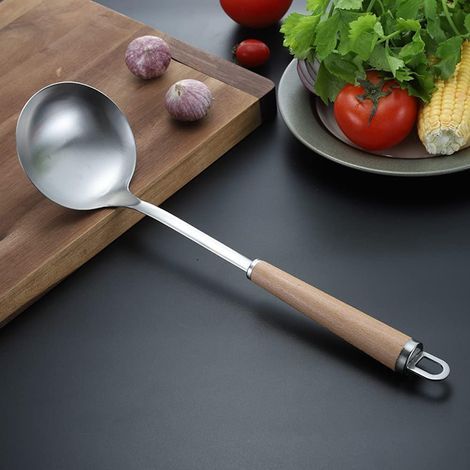 Louche à soupe pour wok avec long manche en hêtre, ustensiles en acier inoxydable 304, louche à soupe de 14 pouces pour wok. (1/5)