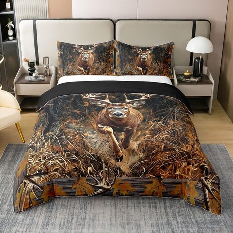 Coton Chasse Au Cerf Housse de Couette 240 x 260,Ferme Rustique Bois Érable Feuilles d'automne Literie Set,Bois de Wapiti Parure de Lit,Chasseur Western Wildlife Couvre Lit,Brun (1/5)