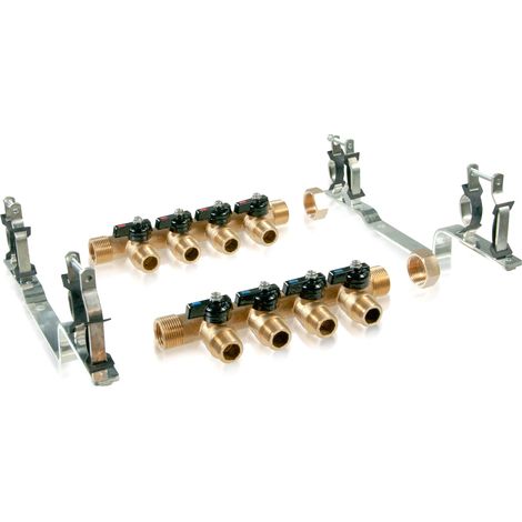 Arcanaute – Kit collecteur pour plancher chauffant 4 circuits – 2 collecteurs mâle 20/27 3/4" – 2 femelles 15/21 1/2" – 4 mini-vannes monobloc