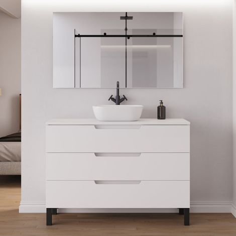Meuble de salle de bain 120cm avec plateau et vasque à poser arrondie - 3 tiroirs - blanc mat - RIZA (1/5)