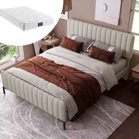 Cama tapizada de lino gris beige 160x200 cm con somier, colchón incluido y cabecero ajustable (1/5)
