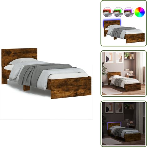 Bettgestell mit Kopfteil und LED-Leuchten Räuchereiche 90x200cm - Holzbettfassungen - Bettsystem - Kopfteilbett - Schlafzimmermöbel - Rauchfarbe Möbel (1/5)