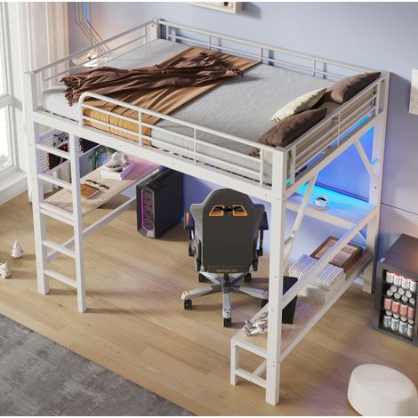 Cama alta 160x200 cm de metal y MDF blanca con escritorio LED, sin colchón – MEUBLIV (1/5)