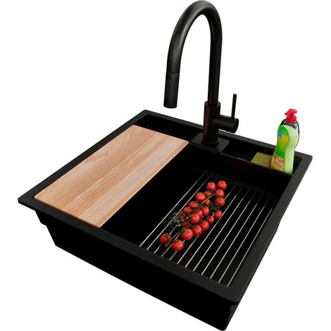 PRIMAGRAN Evier Sous Plan 56x54cm,Evier en Granit 1 bac + Robinet 40x20cm + Kit de Vidage + Accessoires, Évier au meuble 60cm - Bergen Pocket, Noir