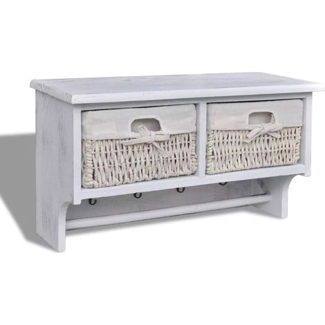 Perchero blanco recibidor cesta almacenaje con 4 ganchos 60x23,5x33 cm madera de Paulownia DEC024177