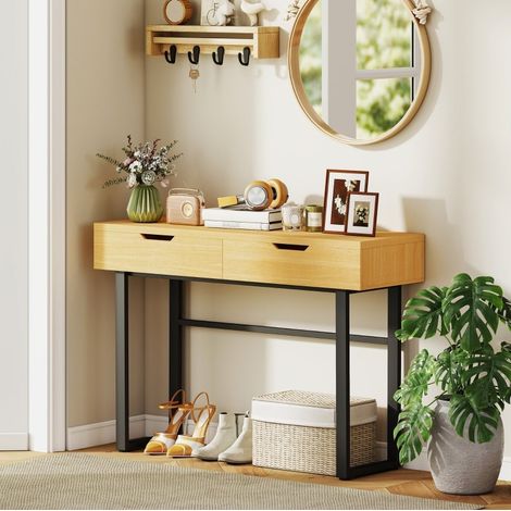 Table console étroite avec 2 tiroirs, cadre en métal, 110 x 35 x 76,5 cm, naturel DESVIAE (1/5)