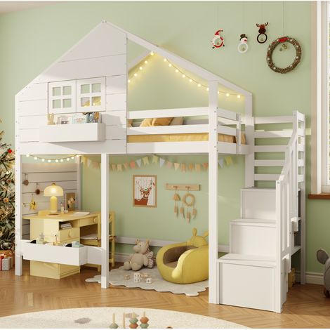 Litera infantil 90x200 cm blanca de pino macizo y MDF con escalera de almacenaje (1/5)