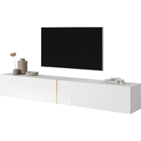 Selsey – Meuble TV 200 cm blanc mat avec insert doré – Panneau stratifié résistant aux rayures – Compartiments verrouillables pour rangement