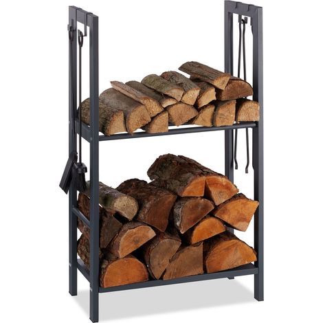 Relaxdays Kaminholzregal mit 2 Ablagen, aus Stahl, 4 Haken für Kaminbesteck, Brennholzregal HBT 100x60x30 cm, anthrazit (1/5)