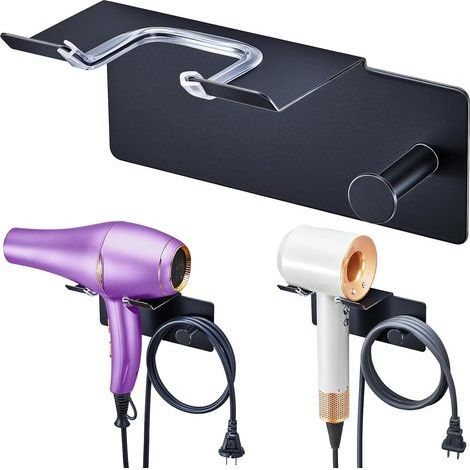 Wandmontierter Haartrocknerhalter, selbstklebender Haartrocknerhalter, Haartrocknerhaken aus Metall, Haartrocknerhalter ohne Bohren für Hotels (Schwarz) (1/5)