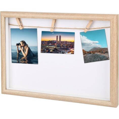 Cadre photo en bois DIY - Avec laisse et pinces en bois - Format paysage - Pour la maison, la cuisine, le bureau - Suspension décorative - 21 x 30 cm (1/5)