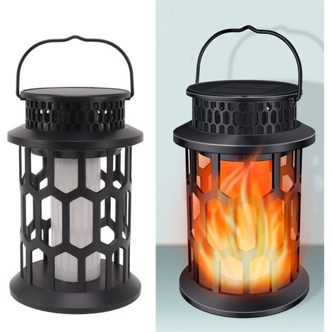 Lampe de cour extérieure à énergie solaire, lanterne à flamme à 28 LED, lampe ajourée, applique murale étanche, projecteur de pelouse à insérer dans le sol. (1/5)