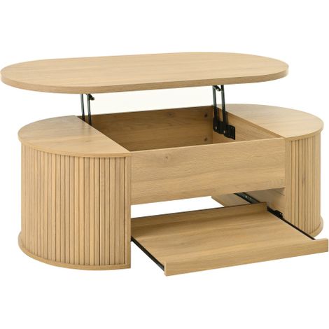 Table basse relevable avec côtés en bois courbé, étagère extractible et plateau relevable, meuble multifonctionnel (1/5)