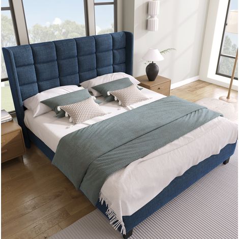 Polsterbett 140/200 cm blau aus Leinen mit Lattenrost und hohem Kopfteil (1/5)